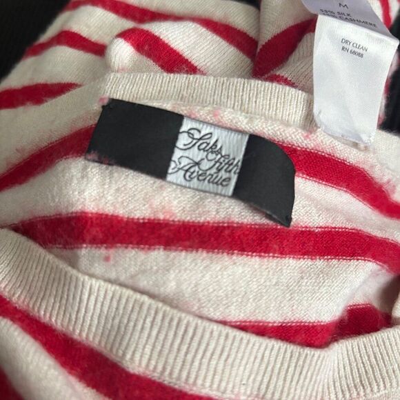 SAKS FIFTH AVENUE Stripe and Bow Pattern Cashmere Silk Knit Sweater M Boat Neck - Picture 5 of 6